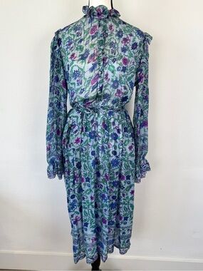Vintage Jane Andre Blue Silk Floral Wrap Tie Midi Dress Size Small
